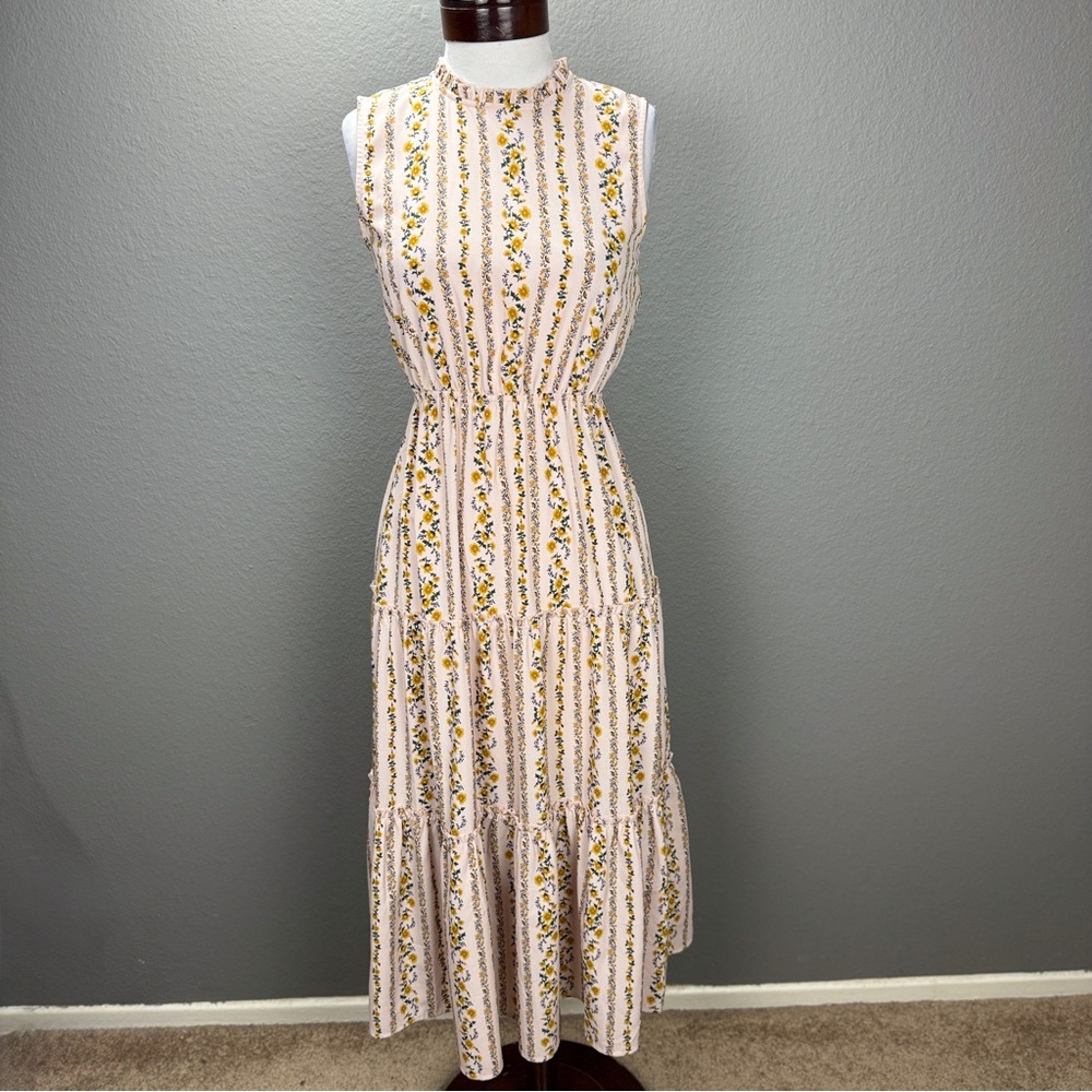 Moon River Floral Light Pink Ruffle Neck Midi dress Sz XS Cottagecore